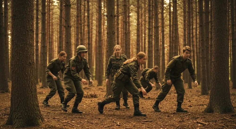 Робототехника в военной тематике, окруженная предупреждающими знаками.