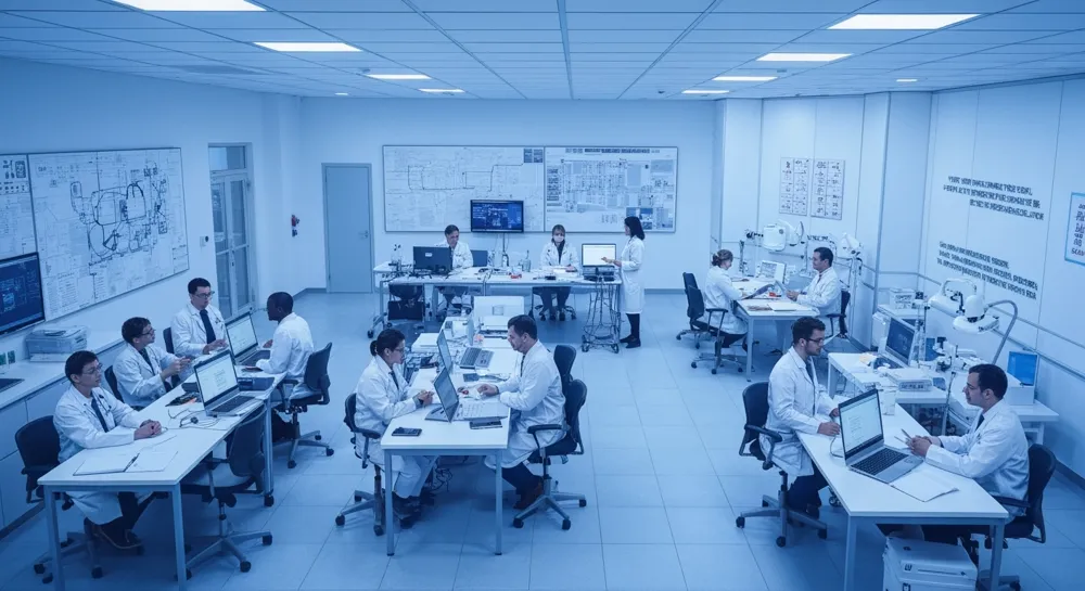 Reactor de fusión moderno con haces de energía y plasma.