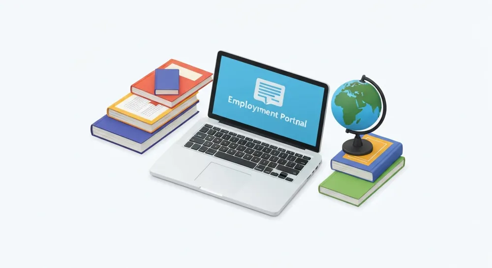 Un portátil moderno con un portal de empleo abierto, rodeado de diversos materiales de estudio, como libros de texto y un globo terráqueo, que ofrece oportunidades globales para los estudiantes.