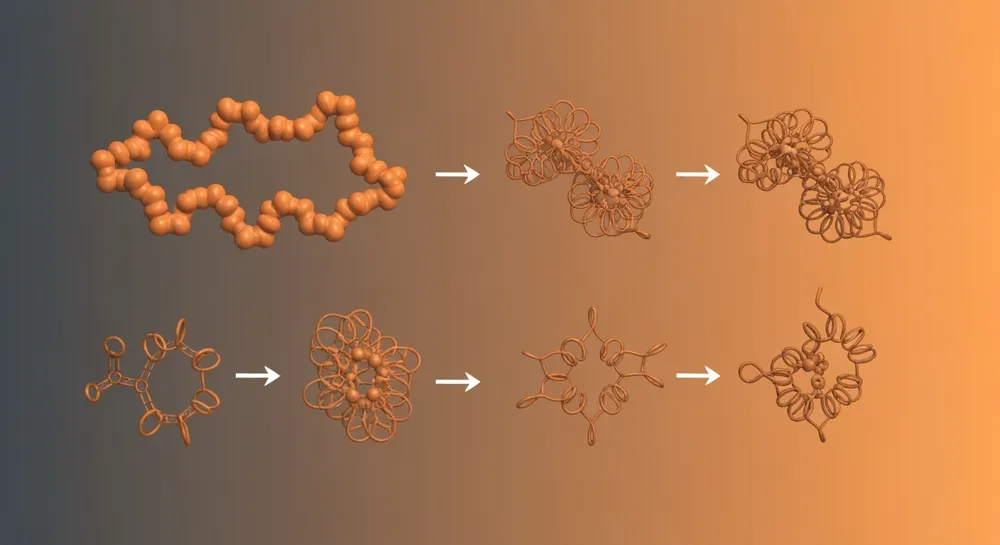 Molecular structures amid recycled plastic fragments.