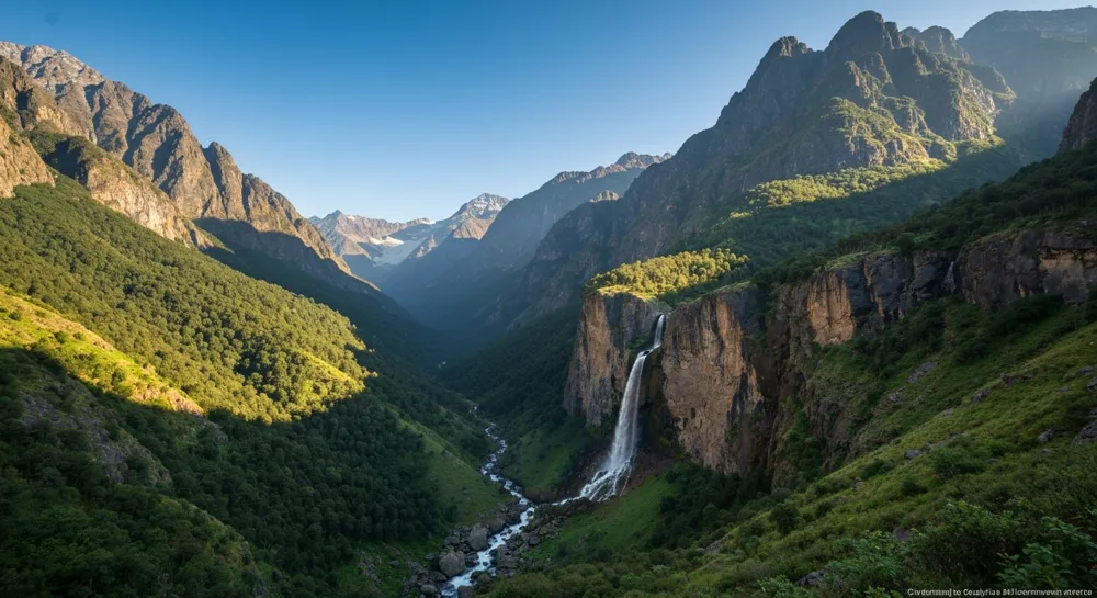 Mountain landscape with foggy valleys and paths.