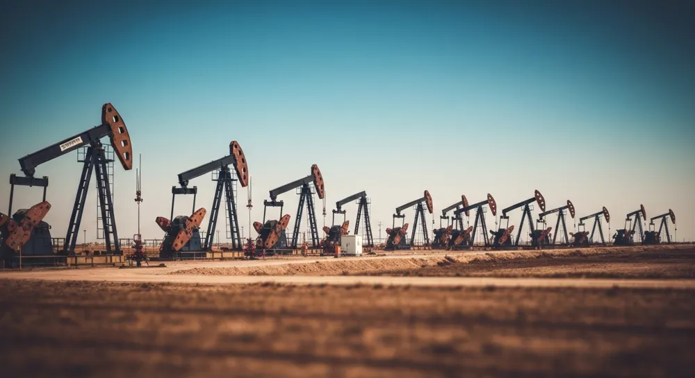 Derricks pétroliers et graphiques boursiers fluctuants.