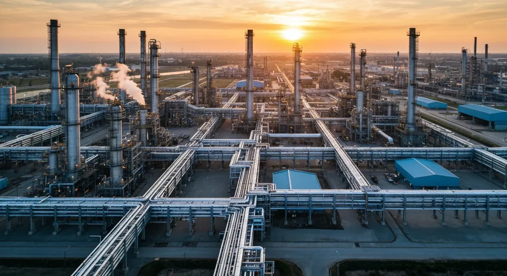 Paysage de raffinerie de pétrole avec symboles de paix.