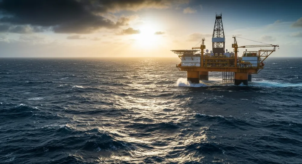 Bohrinsel und Offshore-Energieplattform mit Sonnenaufgang.