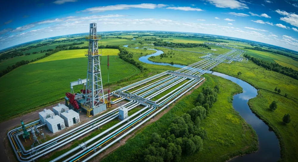 Силуэт нефтяной скважины на фоне заката.