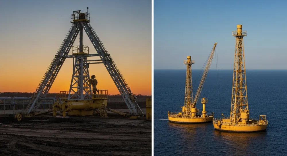 Yacimientos petrolíferos con barriles en aumento en medio de gráficos fluctuantes.