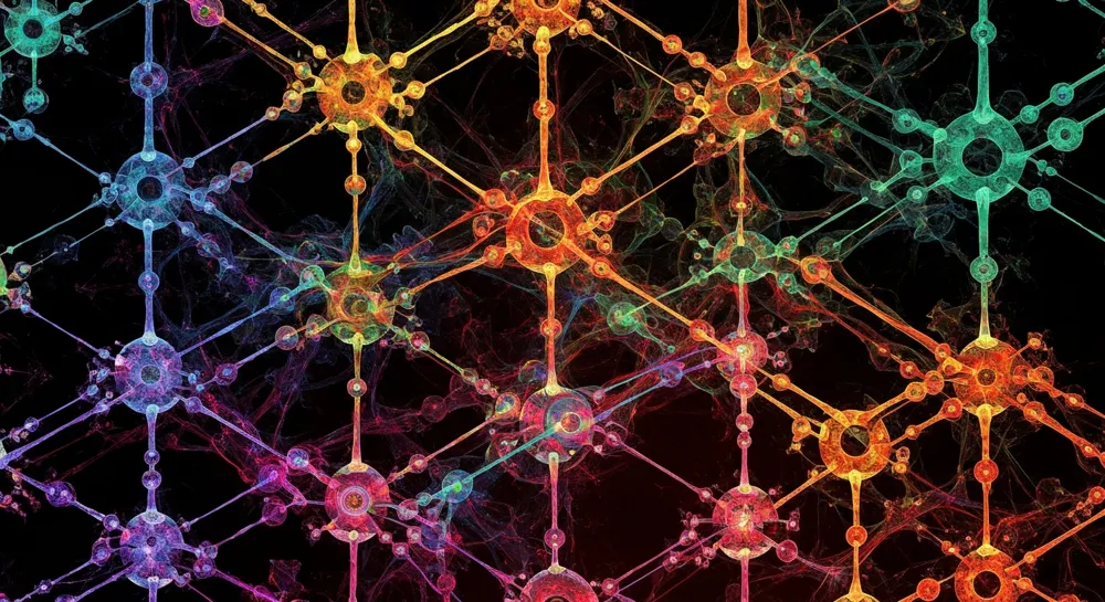 Circuitos cuánticos con cerraduras y orbes binarios brillantes.