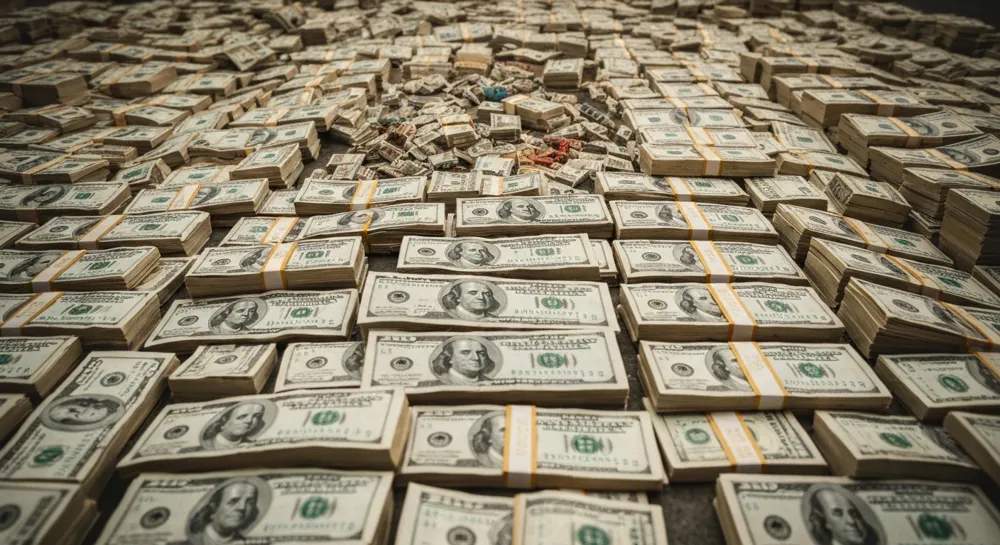 Rising refund checks amidst dollar signs and charts.