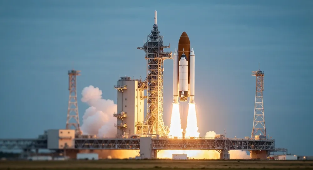 Raketenstart vor einem sternenklaren Nachthimmel.