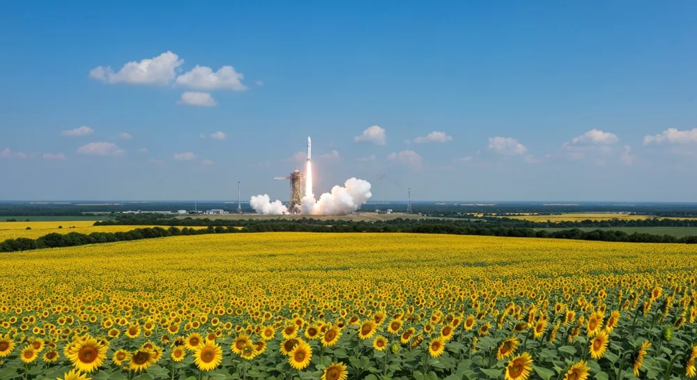 Raketenstart über verschneite Berge und eisiges Gelände.