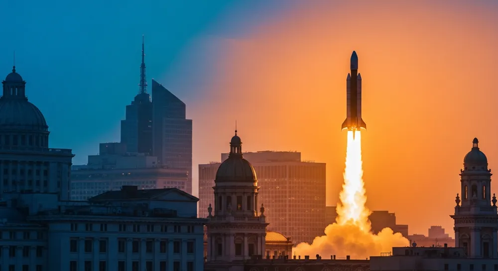 Rakete, die mit Finanzsymbolen in Richtung Sterne startet.