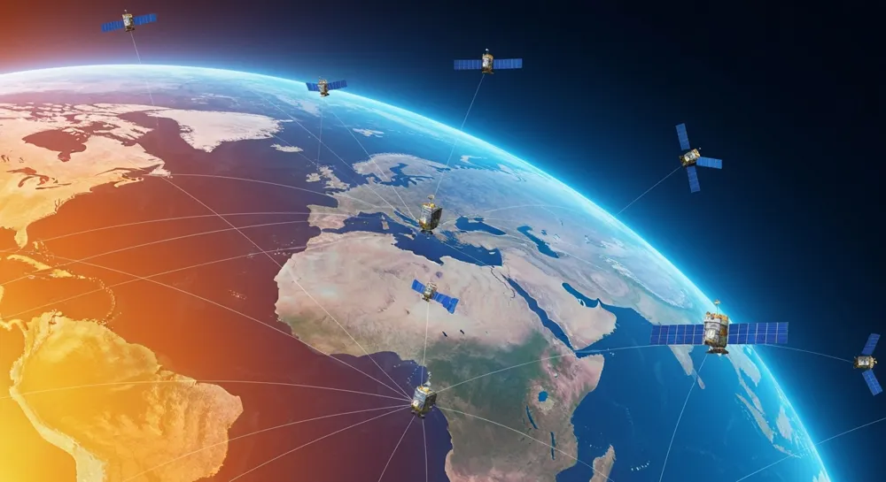 Satellite en orbite avec des rayons optiques.