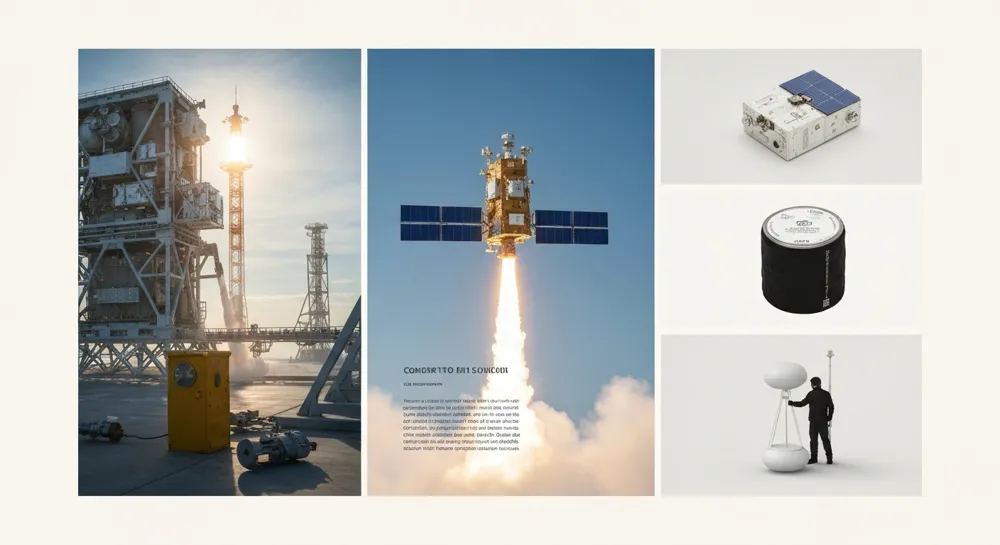 Запуск спутника в космос со звездами и планетами.