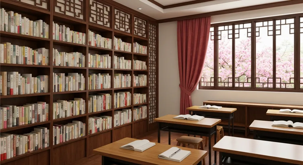 A serene classroom with traditional Chinese decor, bookshelves lined with texts on Chinese language and culture, and a window revealing a blossoming garden.