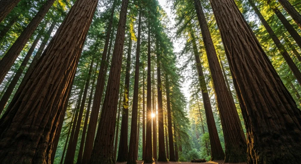 Un sereno bosque de imponentes secuoyas, donde la luz del sol se filtra a través del dosel y evoca un sentido de celebración y reverencia por la naturaleza.