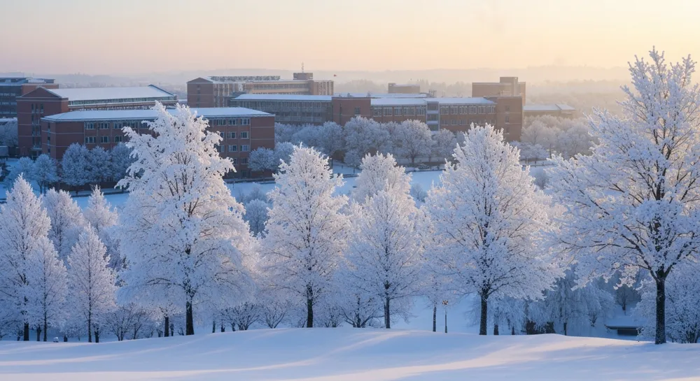 A serene snowy landscape with a university campus in the background, trees covered in white frost, and a subtle sunrise casting a warm glow, evoking a sense of calm and preparation for winter activities.