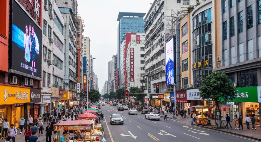 L'horizon de Shenzhen avec des symboles de croissance contrastés.