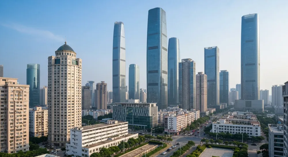 Skyline von Shenzhen mit Aufwärtspfeilen und Wolken.