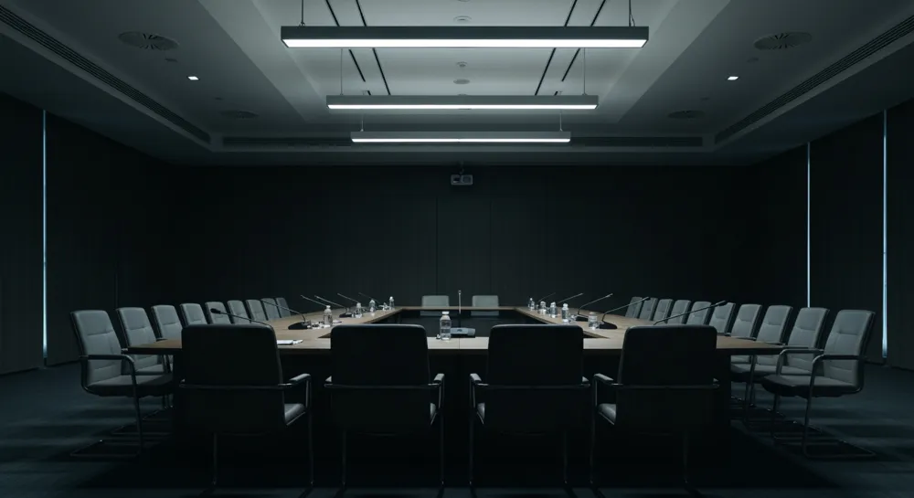A somber conference room with empty chairs and a large table, illuminated by soft overhead lights, capturing an atmosphere of deliberation and policy discussion.