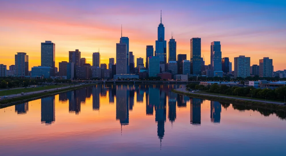 Una sala de conferencias sombría con funcionarios, sillas vacías y banderas.