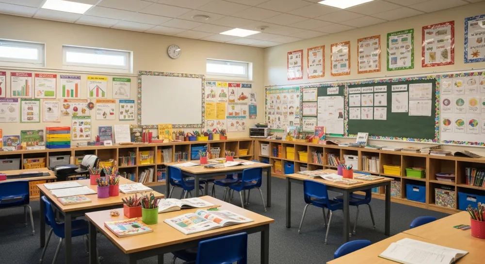 Un aula vibrante llena de diversos materiales de aprendizaje, coloridos carteles educativos en las paredes y una atmósfera soleada que simboliza el crecimiento y el desarrollo en la educación.
