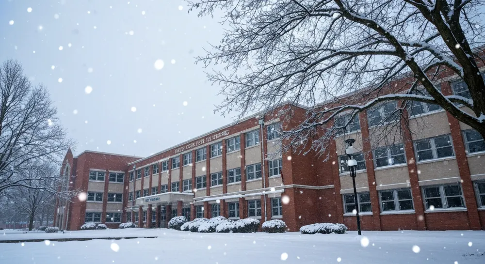A winter scene with a college building covered in snow, featuring a bare tree with icy branches and scattered snowflakes. The atmosphere conveys a sense of quiet responsibility and readiness for the season ahead.