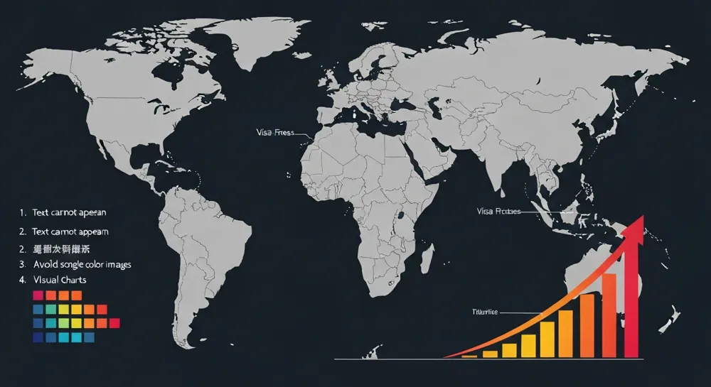 Un mapa mundial que destaca los países con acceso sin visado, que representa visualmente el crecimiento con flechas hacia arriba y una amplia gama de gradientes de color para representar el aumento de entradas extranjeras.