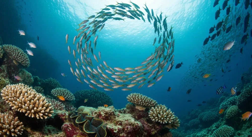 Zebrafish swimming through a cosmic landscape.