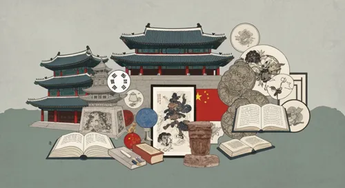 Un collage de symboles culturels de Corée et de Chine, notamment de l'architecture traditionnelle, de l'art et des éléments éducatifs, sur un fond discret évoquant un sentiment de collaboration universitaire.