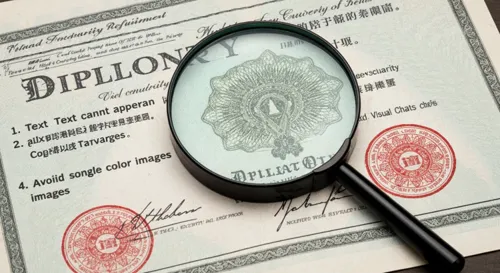 Vue détaillée d'un diplôme universitaire à la loupe, mettant en évidence les éléments de sécurité et les motifs complexes, sur fond neutre.