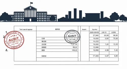 Un bilan officiel avec des colonnes présentant les chiffres financiers, des timbres d'audit et la silhouette d'un bâtiment universitaire en arrière-plan.