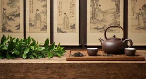 Une théière rustique avec des feuilles de thé chinoises traditionnelles et des tasses en céramique posées sur une table en bois, entourée de théiers verts et d'anciens rouleaux illustrant l'art dynastique.