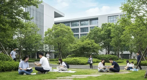 Eine ruhige Campus-Szene, in der Studierende an gemeinsamen Aktivitäten teilnehmen, umgeben von üppigem Grün und moderner Architektur, die den kulturellen Austausch widerspiegelt.