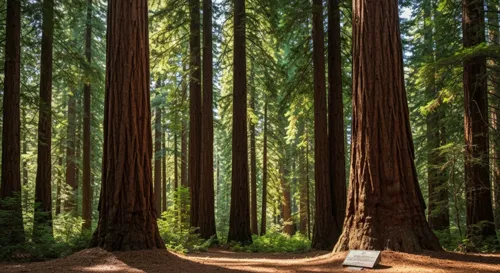 Un bosquet serein de séquoias imposants, où la lumière du soleil filtre à travers les feuilles, avec une simple plaque au sol marquant un lieu commémoratif.