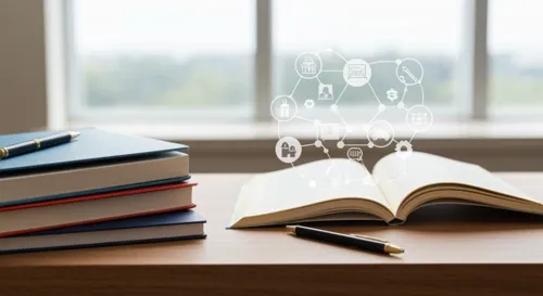 Eine ruhige Lernumgebung mit akademischen Materialien und einer subtilen Darstellung von Stipendienmöglichkeiten, die ein Gefühl von Ehrgeiz und Hoffnung ausstrahlt.