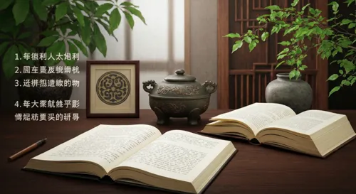 Un espace d'étude serein avec des livres ouverts, des objets traditionnels chinois et des éléments botaniques, véhiculant un sentiment de culture et de connaissance.