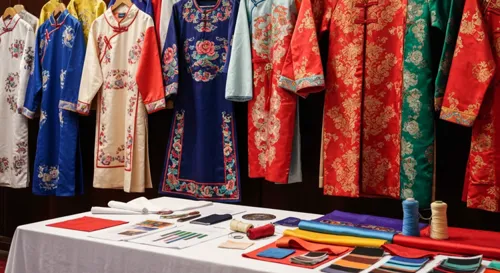 Une exposition dynamique de vêtements traditionnels chinois sur cintres, entourée d'échantillons de tissus et de fournitures de couture, capturant l'essence d'un concours de design.