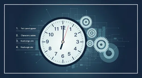 Abstrakte Bilder einer Digitaluhr und eines Zahnrads, die die Wartung symbolisieren, mit einer Mischung aus gedämpften Farben, die die Organisation und den Schwerpunkt auf den technischen Aspekt widerspiegeln.