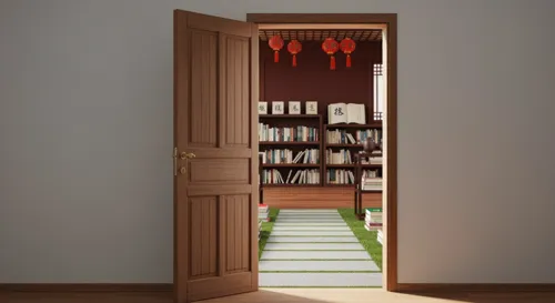 Una puerta abierta con un camino que conduce a un ambiente de estudio sereno, lleno de libros en idioma chino y artefactos culturales, que simboliza el viaje del cambio de carrera y la educación en chino.