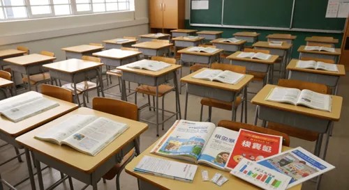 Un aula con pupitres dispuestos para los nuevos estudiantes, libros de texto abiertos y varios materiales en chino, que simboliza el comienzo de un viaje de aprendizaje.