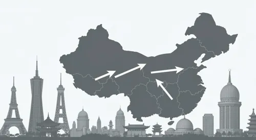 A gray-toned map of China with arrows illustrating new entry points, overlaying a backdrop of iconic landmarks, symbolizing change in foreign entry regulations.