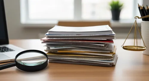 Das Bild zeigt einen Stapel verschiedener Bildungsnachweise auf einem Schreibtisch, umgeben von einer Lupe und einer Skala, die Überprüfung und Bewertung symbolisieren.