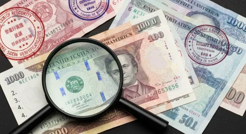 Una lupa sobre una pila de diversos billetes en moneda extranjera, con varios elementos de seguridad y sellos de certificación en el fondo, que destacan el escrutinio y la verificación.