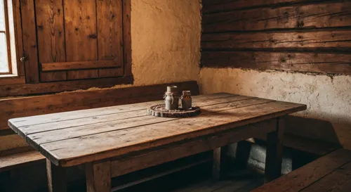 Rustic tea utensils and serene nature setting.