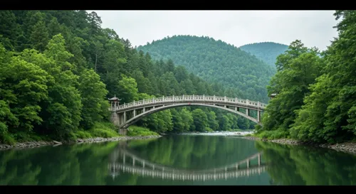 Un puente sereno sobre un río tranquilo, rodeado de exuberante vegetación, que simboliza el intercambio cultural y la unidad. La imagen transmite la esencia de una experiencia de campamento de verano y refleja la naturaleza y la comunidad.