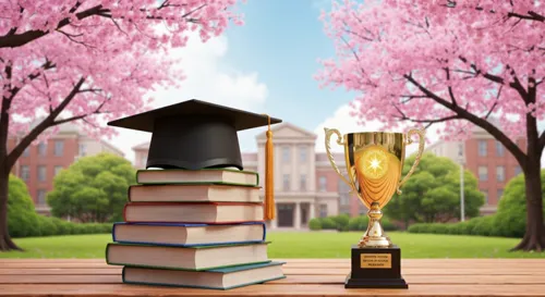 A serene campus scene with stacked books, a graduation cap, and a shimmering trophy against a backdrop of blooming cherry blossom trees, symbolizing academic achievement and new beginnings.