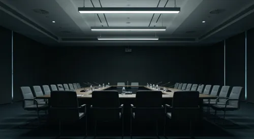 A somber conference room with empty chairs and a large table, illuminated by soft overhead lights, capturing an atmosphere of deliberation and policy discussion.