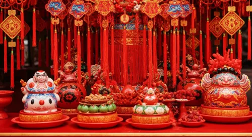 A vibrant scene of traditional Mazu festival decorations and symbolic offerings, with shades of red and gold, depicting cultural significance and unity among diverse elements.
