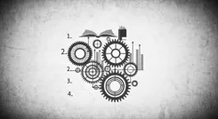 Una representación abstracta de engranajes y libros interconectados, que simboliza la educación y el crecimiento, sobre un fondo texturizado que refleja una atmósfera seria y vibrante.