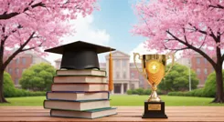 A serene campus scene with stacked books, a graduation cap, and a shimmering trophy against a backdrop of blooming cherry blossom trees, symbolizing academic achievement and new beginnings.